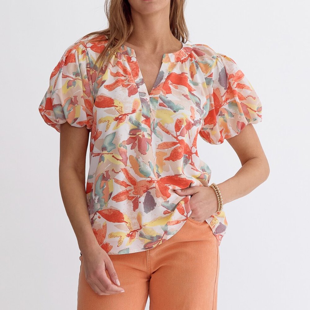 NWT Entro Peaches And Cream Floral Print Bubble Sleeve Blouse